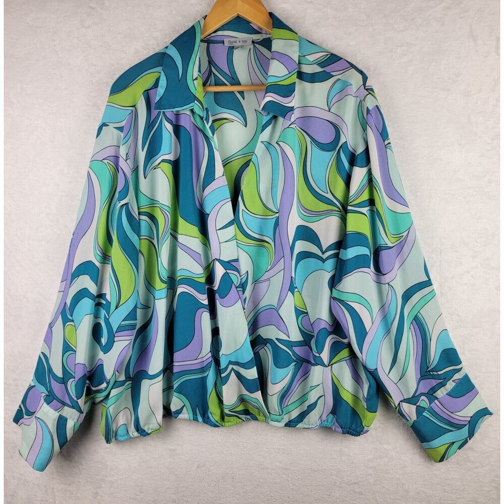 Whimsical Psychedelic Long Sleeve Pullover V Neck Top Sz 3X Blue Retro Career